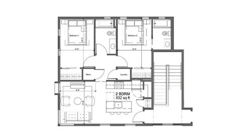 Floor plan for 2 beds, 2 baths, 832 sqft